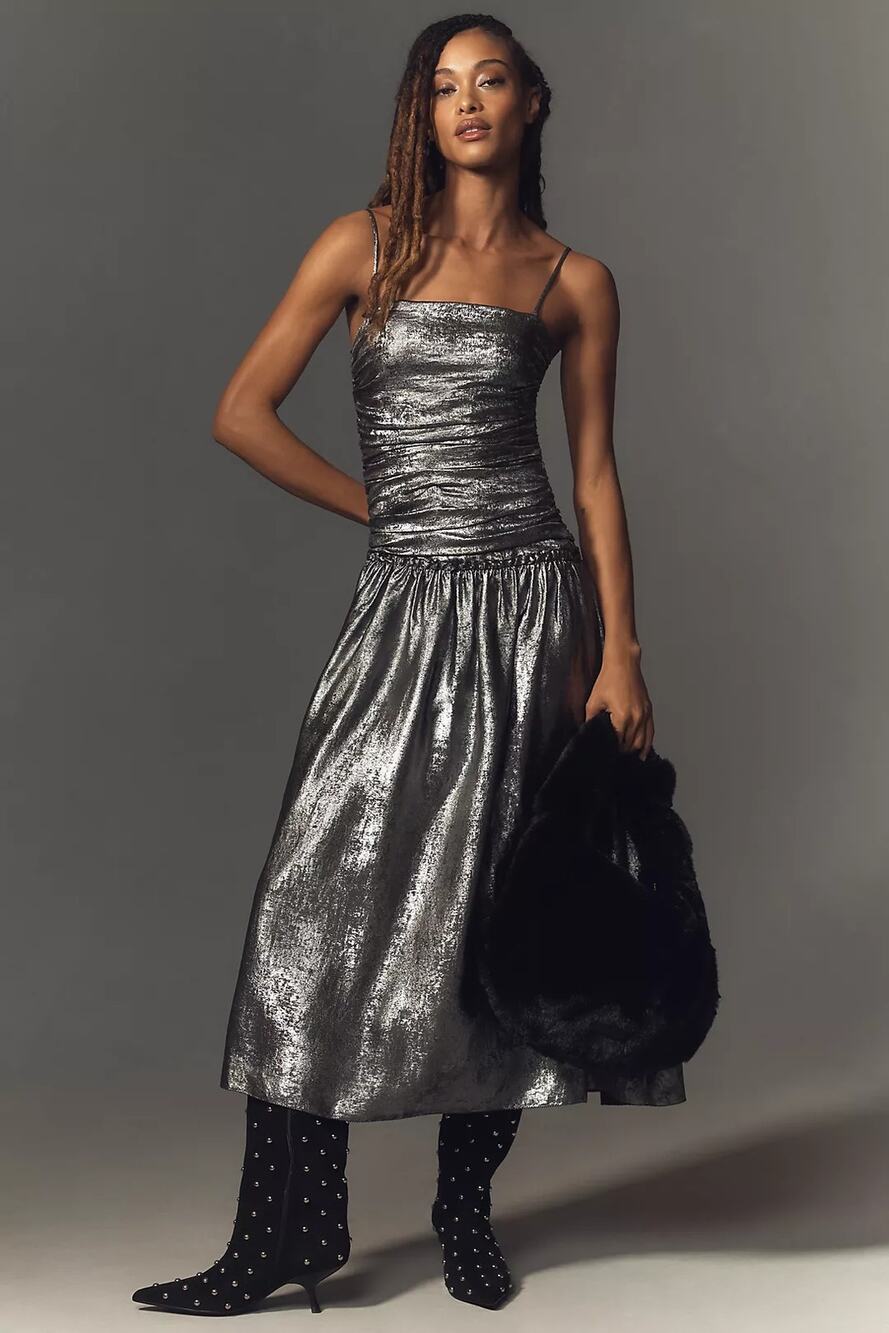 NWT Anthropologie La Maise Studio Ruched Drop-Waist Foil Midi Dress $298 MEDIUM